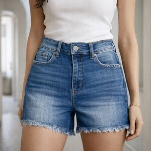 Zenana Outfitters Medium Blue High-Rise Frayed Hem Jean Shorts